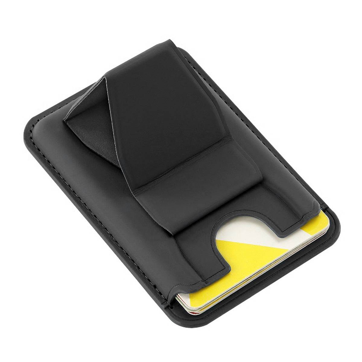 MRC047 Leather Phone Card Holder with Stand in black, showcasing its card slot and foldable stand for multifunctional smartphone use.